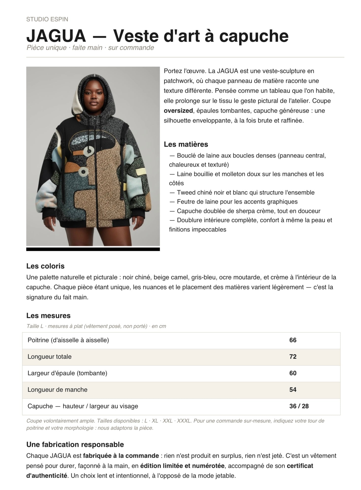 JAGUA wearable art piece worn — made-to-measure patchwork — Studio Espin